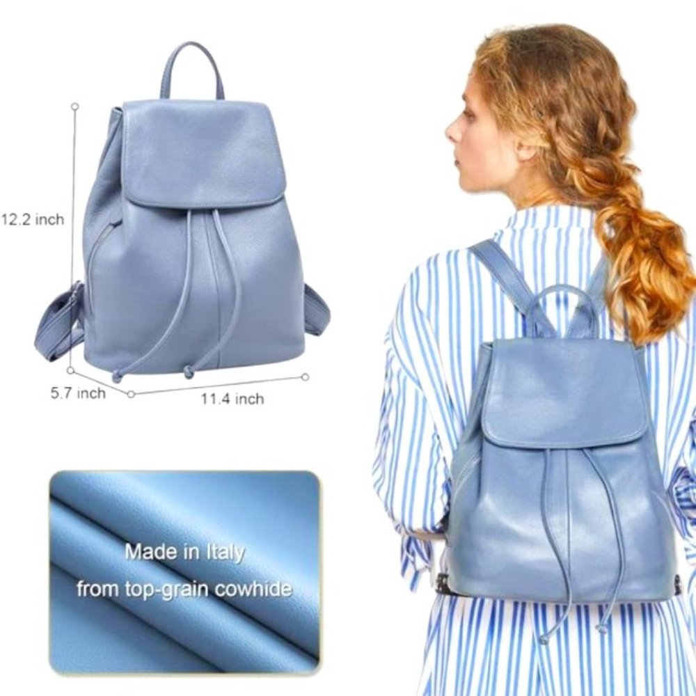 NWT Boyatu Pebble Grain Leather Backpack, Blue-gray